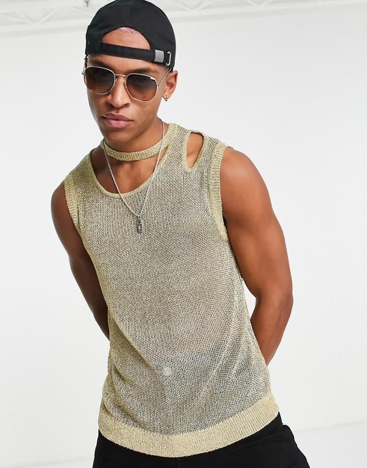 Asos Design Knitted Mesh Tank Top In Gold With Cut Out Detail