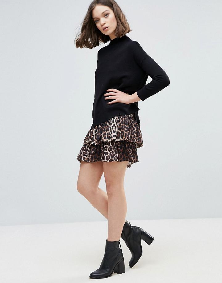 Ichi Tiered Leopard Print Skirt - Multi
