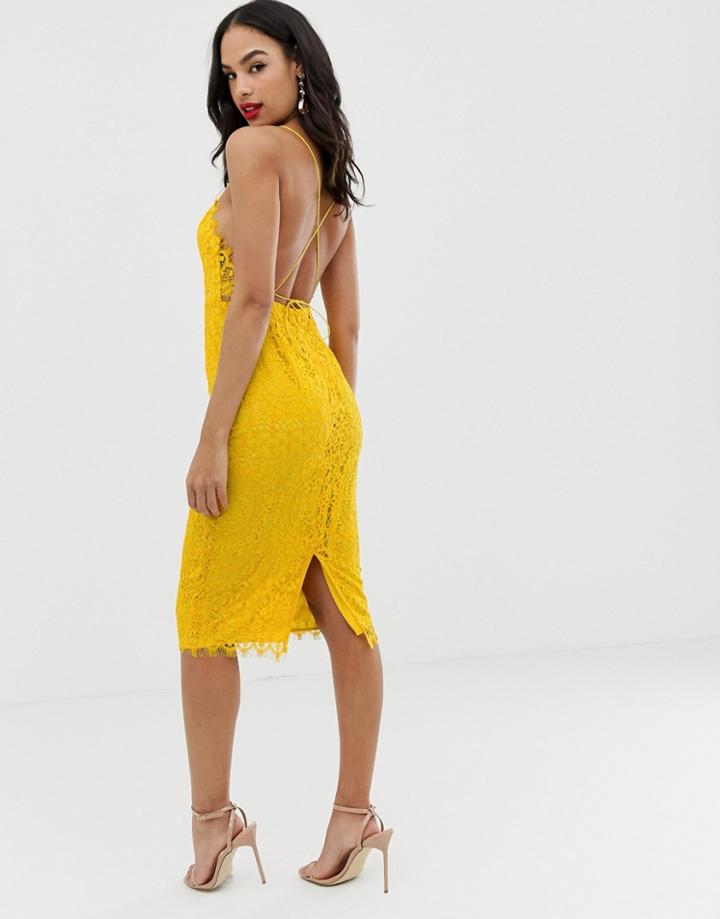 Asos Design Square Neck Midi Pencil Dress In Lace - Yellow