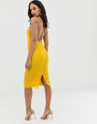 Asos Design Square Neck Midi Pencil Dress In Lace - Yellow