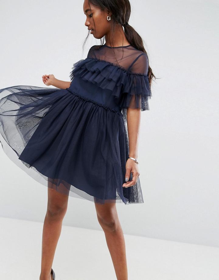 Asos Tulle Ruffle Mini Dress - Navy