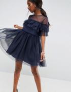 Asos Tulle Ruffle Mini Dress - Navy