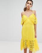 Three Floor Cold Shoulder Midi Lace Dress - Yellow