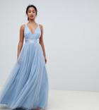 Asos Premium Petite Tulle Maxi Prom Dress With Ribbon Ties - Blue