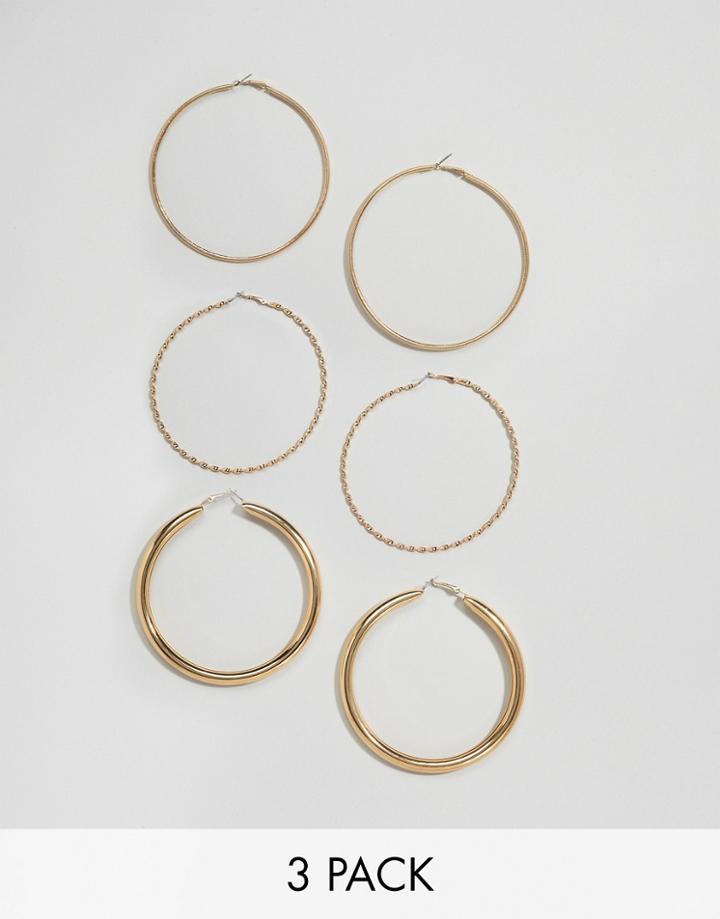Bershka Large Detailed 3 Pack Hoop Earrings - Gold