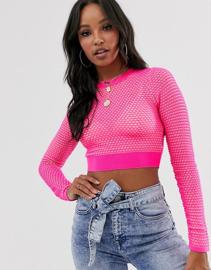 Asos Design Fluro Mesh Pattern Crop Sweater-pink