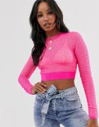 Asos Design Fluro Mesh Pattern Crop Sweater-pink