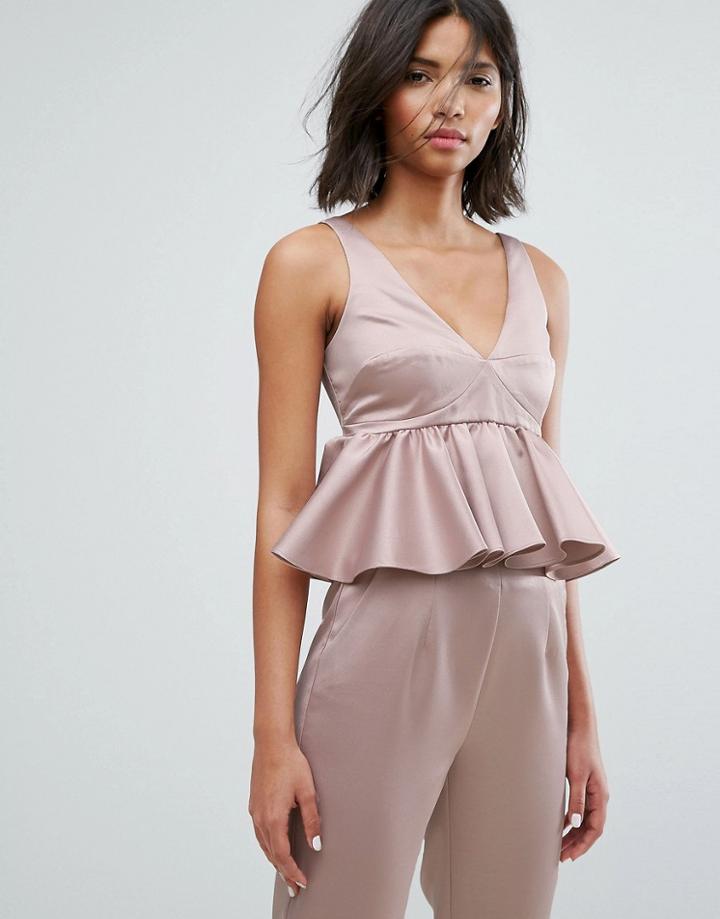 Lost Ink Crop Top With Peplum Hem In Satin Co-ord - Pink