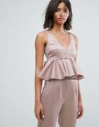 Lost Ink Crop Top With Peplum Hem In Satin Co-ord - Pink