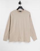Asos Design Oversized Long Sleeve Heavyweight T-shirt With Batwing In Beige-white