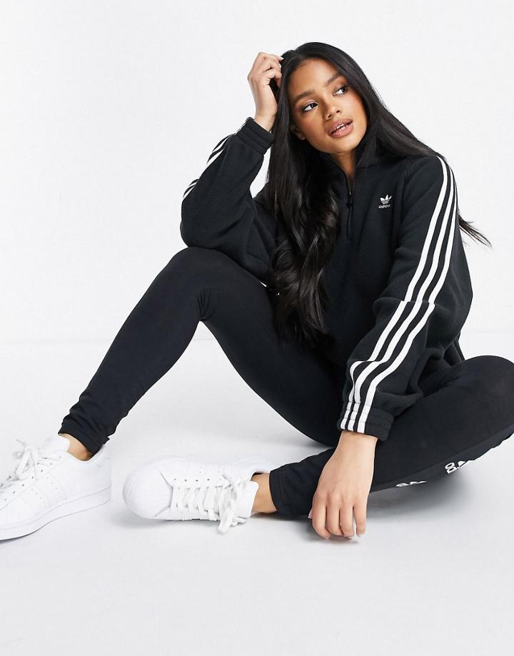 Adidas Originals Adicolor 3-stripe Quarter Zip Fleece Sweatshirt In Black