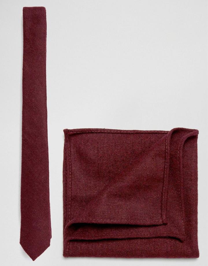Asos Design Tie And Pocket Square Pack In Textured Burgundy - Red