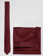Asos Design Tie And Pocket Square Pack In Textured Burgundy - Red