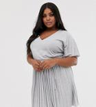 Asos Design Curve V Neck Mini Dress With Pleated Skirt And Self Belt-gray