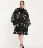 Asos Edition Curve Mini Shirt Dress In Organza With Floral Embroidery-black