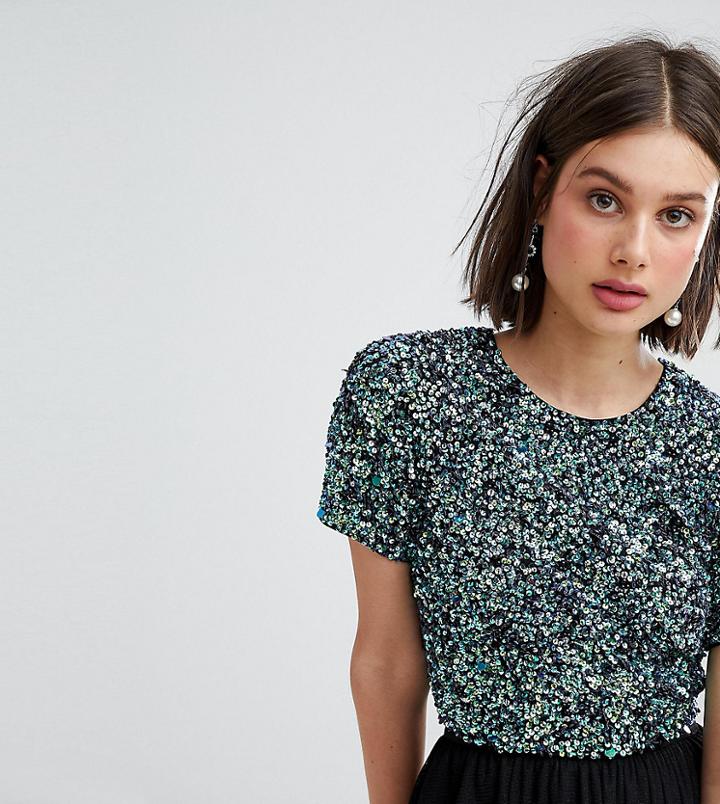 Lace & Beads Iridescent Embellished Open Back Cropped Top-multi