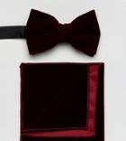 Asos Velvet Bow Tie And Pocket Square In Burgundy - Red