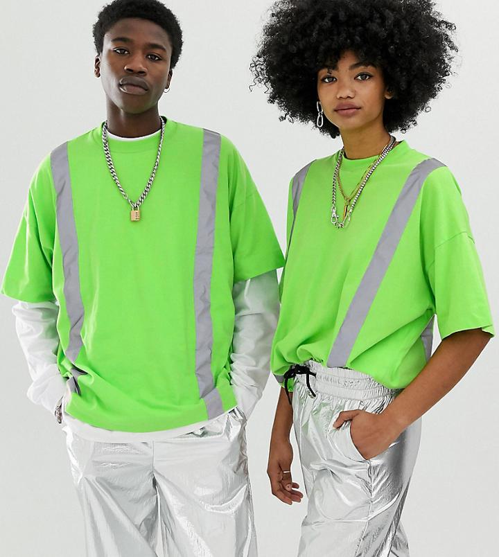 Collusion Unisex Washed T-shirt With Reflective Tape-green