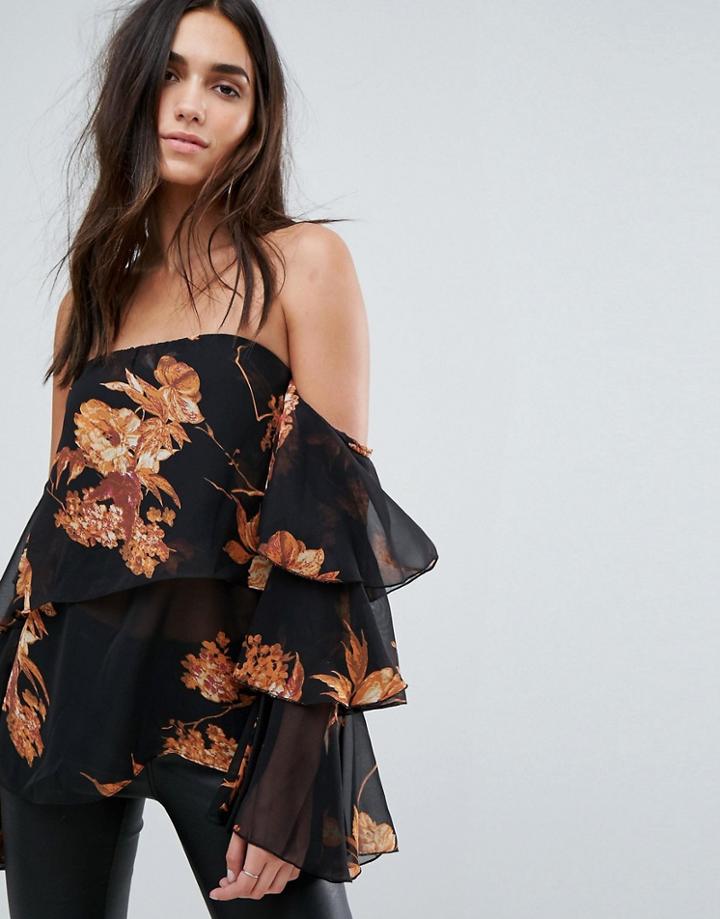 Prettylittlething Dark Floral Ruffle Sleeve Top - Black