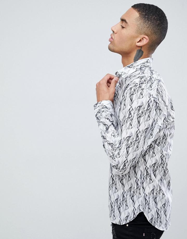Moss London Long Sleeve Stretch Shirt In Smoke Print - Gray
