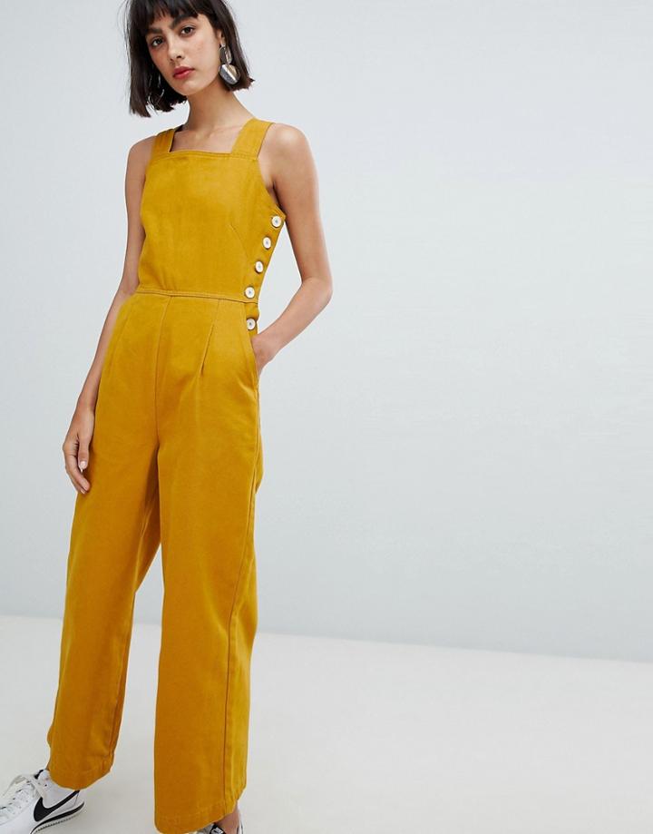 Asos Design Denim Jumpsuit With Side Buttons In Mustard - Yellow