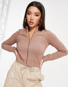 Asos Design Cropped Zip Up Track Top In Tan-neutral