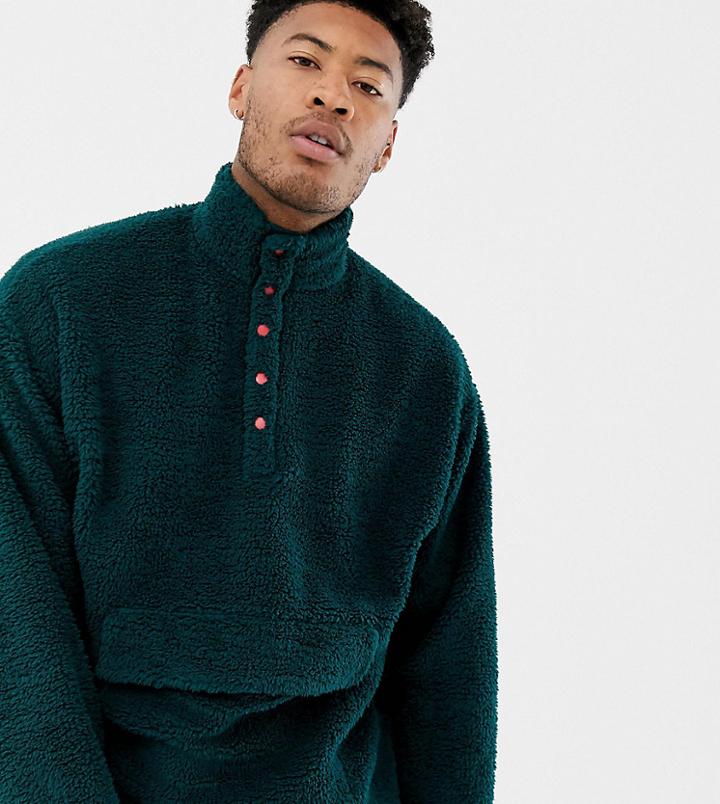 Asos Design Tall Oversized Sweatshirt With Popper Neck In Borg-green