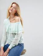 Asos One Shoulder Blouse With Ruffles - Green