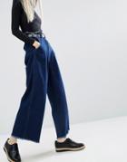 Asos Belted Wide Leg Jeans With Raw Hem - Blue