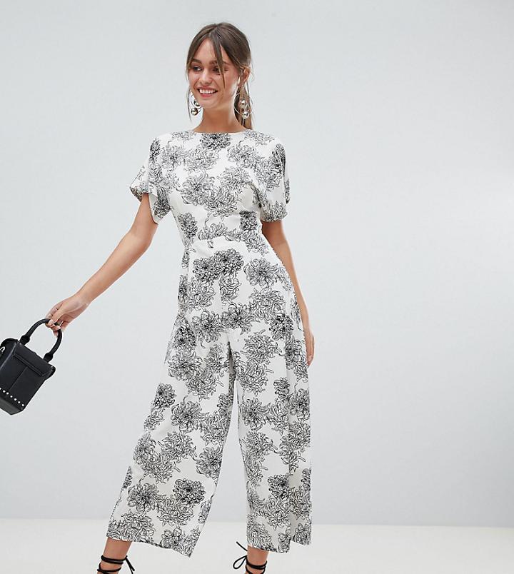 Boohoo Tie Back Floral Jumpsuit - White