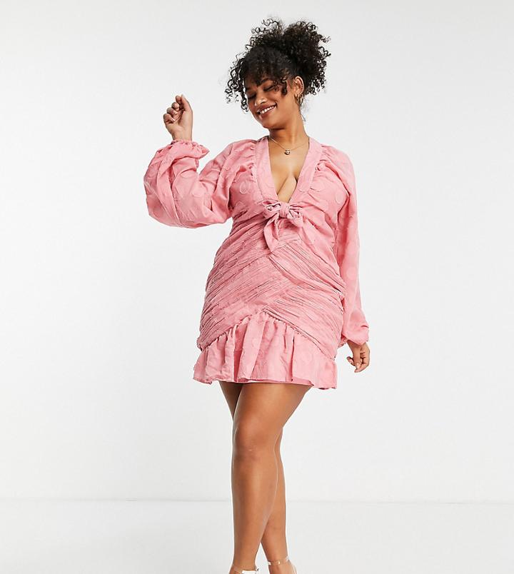 Asos Design Curve Tie Front Ruched Mini Dress In Spot Jacquard-pink