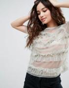 Asos T-shirt In Mesh With Ruffles & Embellishment - Blue