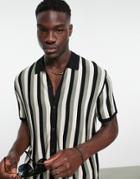 Bershka Striped Knitted Polo In Black And Sage-multi