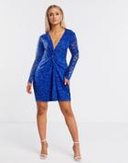 Flounce London Lace Mini Dress With Twist Front In Cobalt-blues