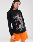 Asos Design Oversized T-shirt With Dragon Print With Long Sleeves - Black
