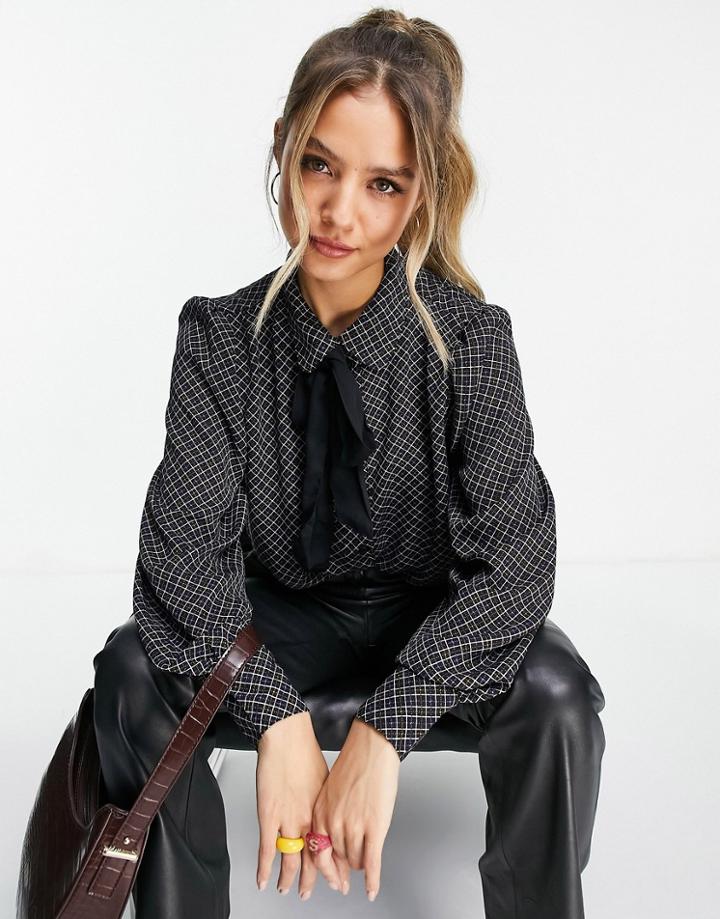 Jdy Checked Shirt With Pussybow Tie In Black