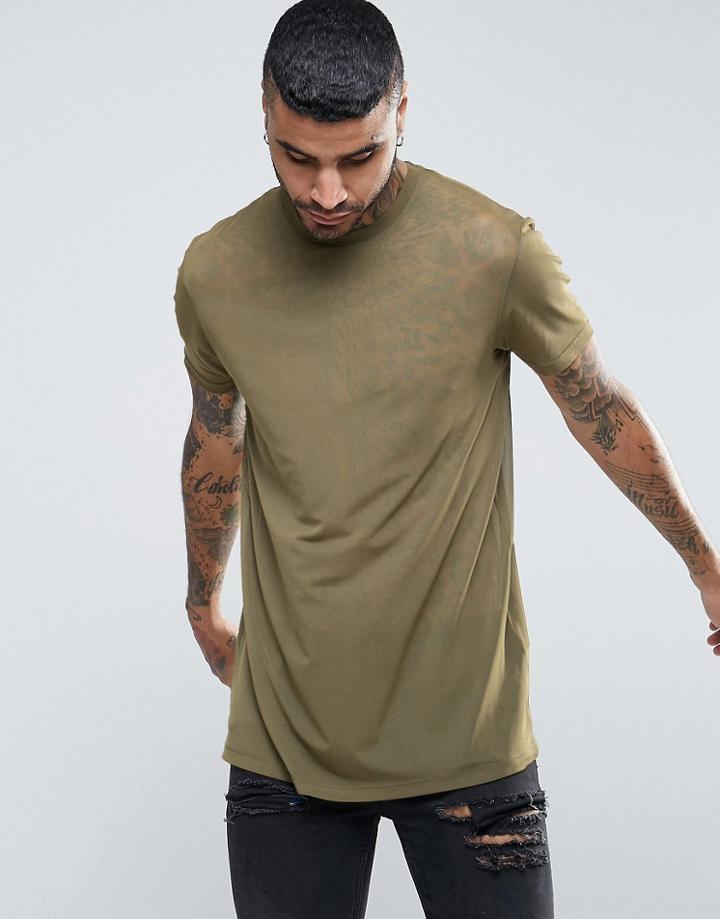 Asos Longline T-shirt In Fine Mesh In Khaki - Green