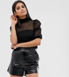 Asos Design Tall High Neck Top In Mesh With Puff Sleeve-black