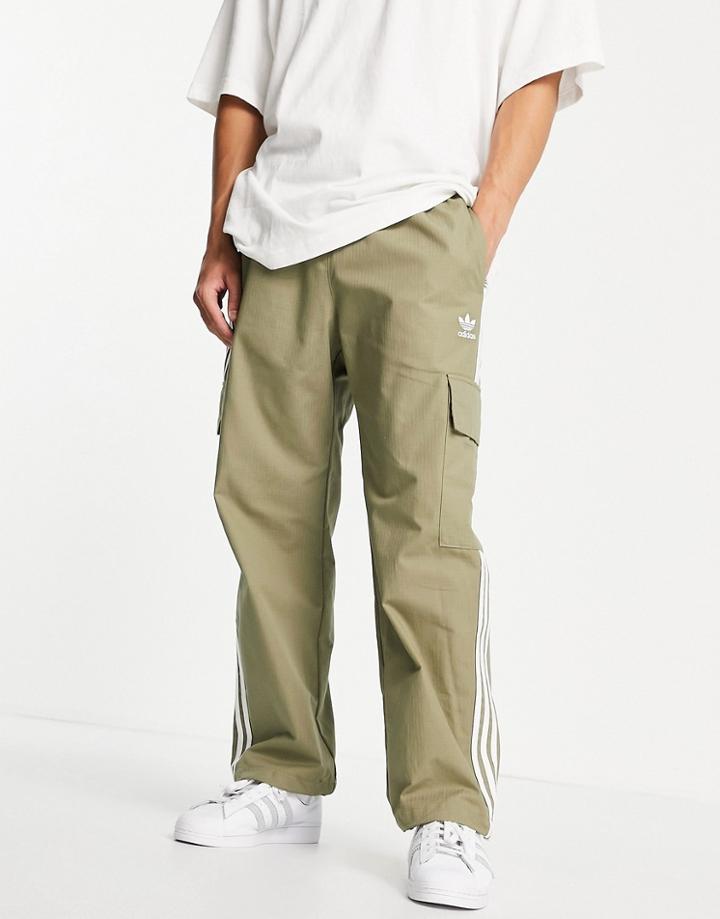 Adidas Originals Adicolor Three Stripe Cargo Pants In Khaki With Pocket Detail-green
