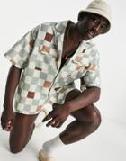 Asos Design Boxy Oversized Deep Revere Shirt In Sage Green Grid Check