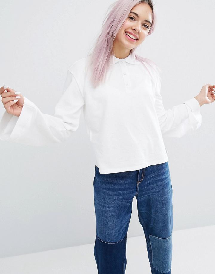 Monki Flare Sleeve Polo Top - White