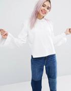 Monki Flare Sleeve Polo Top - White
