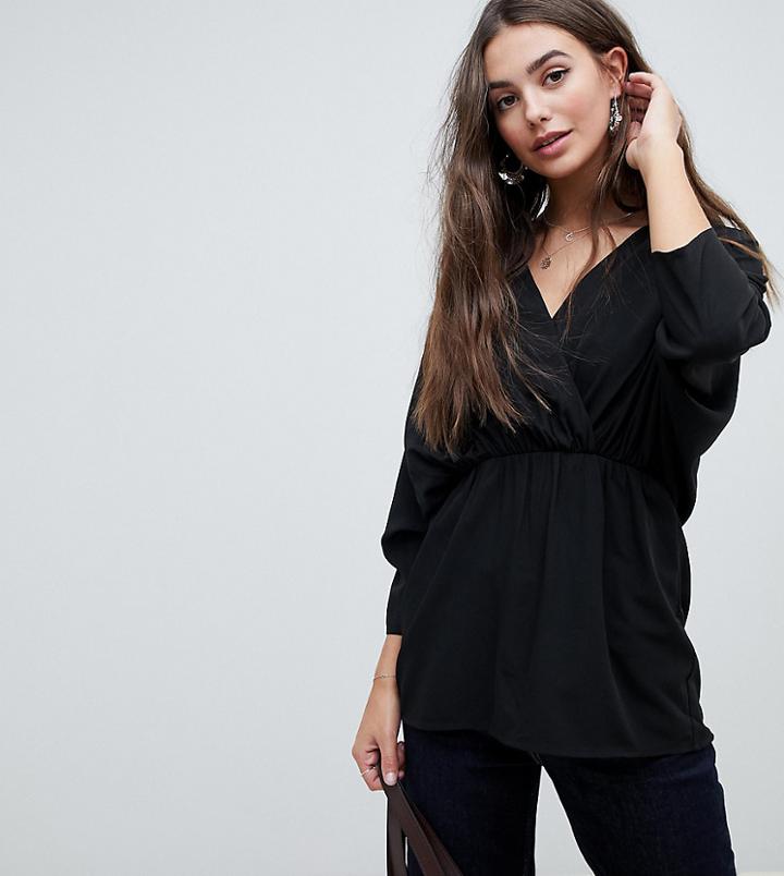 Asos Design Tall Wrap Top With Ruched Sleeves - Black