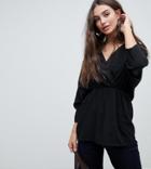 Asos Design Tall Wrap Top With Ruched Sleeves - Black