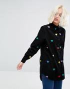 Lazy Oaf Longline Shirt With All Over Rainbow Hearts - Black