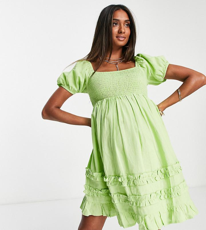Influence Maternity Puff Sleeve Shirred Mini Dress In Green