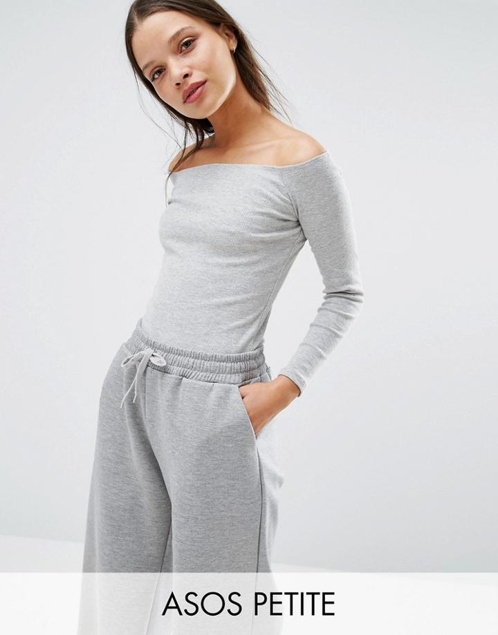 Asos Petite Long Sleeve Off Shoulder Top In Rib - Gray