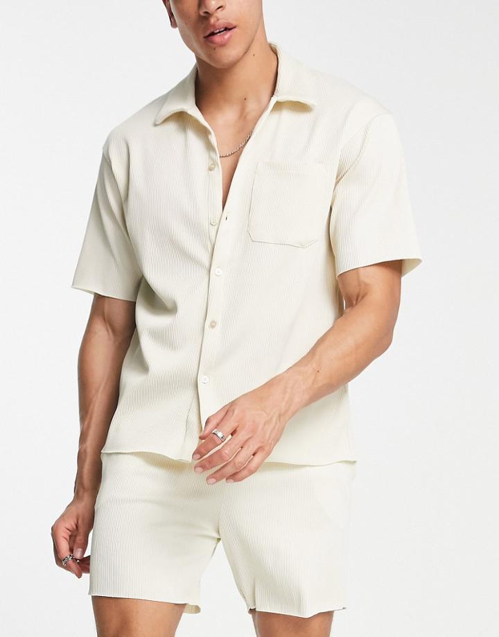 Jack & Jones Premium Plisse Shirt In Beige - Part Of A Set-neutral