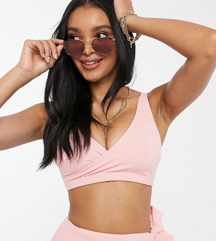 Peek & Beau Fuller Bust Exclusive Textured Wrap Front Bikini Top In Coral-pink
