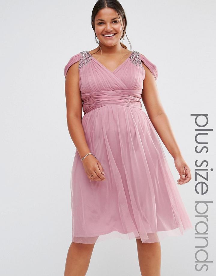 Little Mistress Plus Embellished Cold Shoulder Plunge Midi Dress - Pink